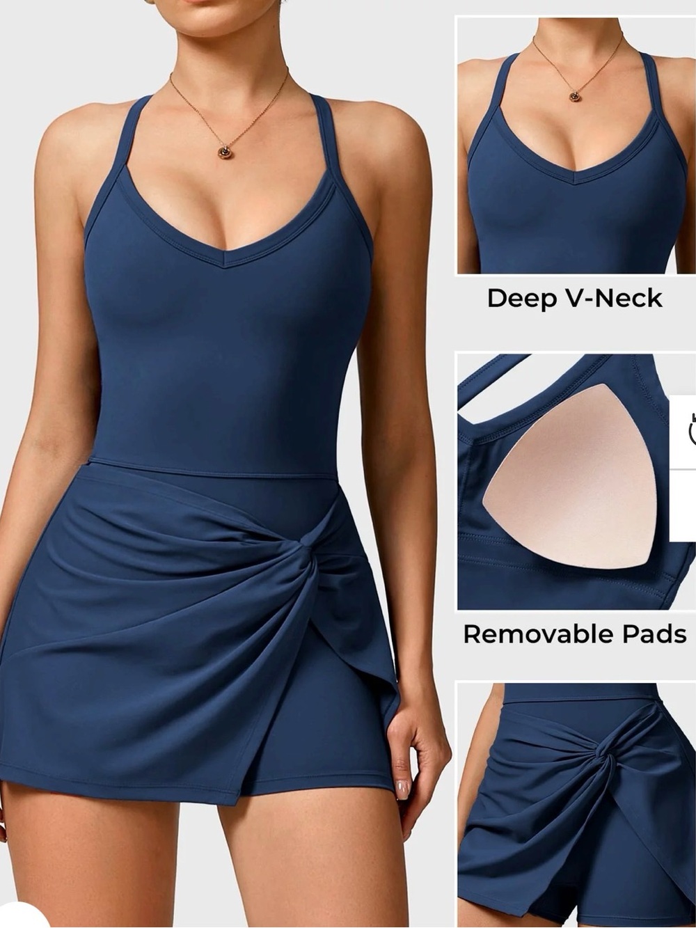 Women’s Deep V-Neck Navy Swimdress with Removable Pads